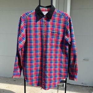 Vintage 80s Cabin Creek Plaid Button-Down Shirt, Colorful Contrast Collar, M